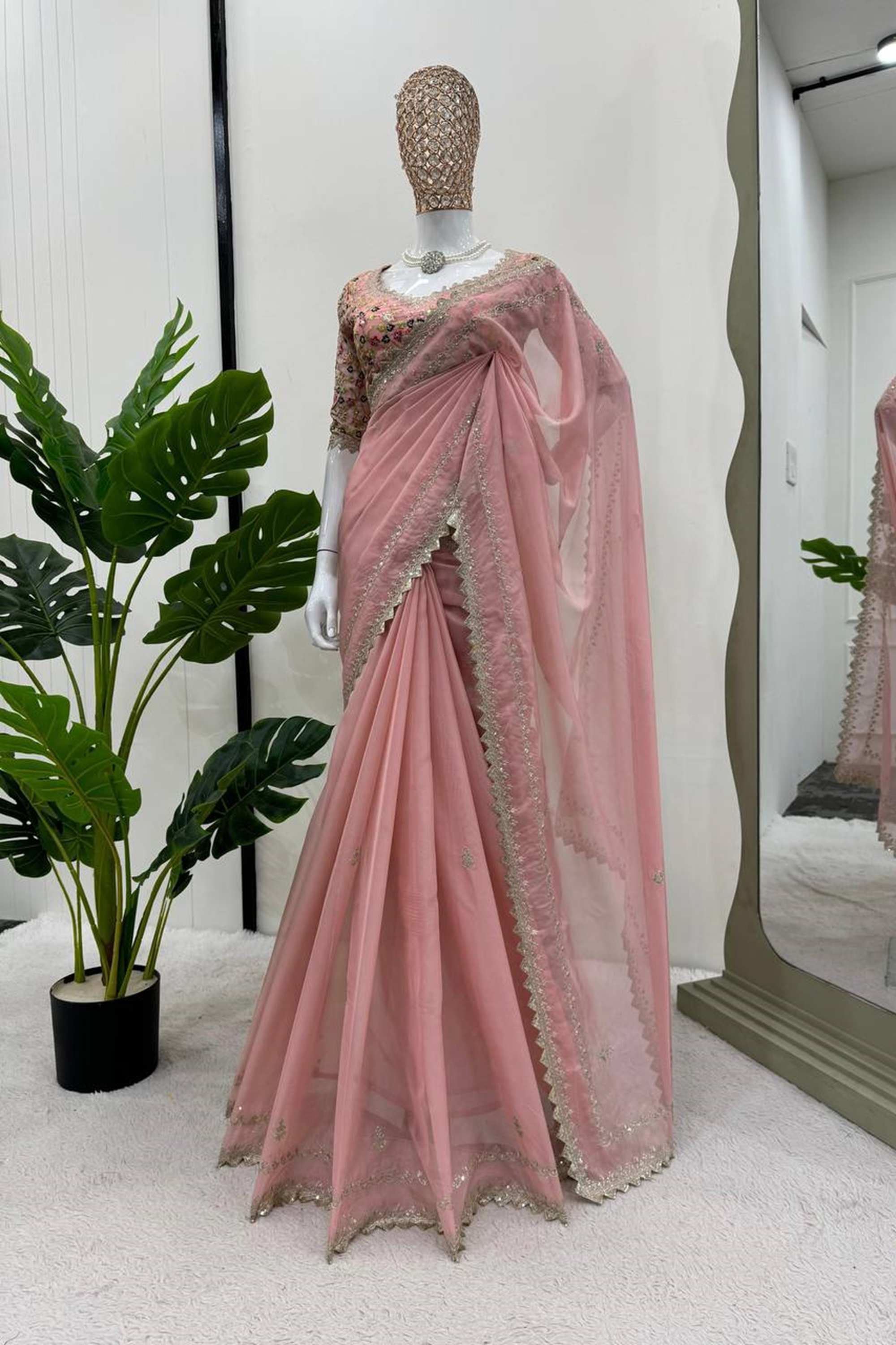 Pink Color Beautiful Designer Saree on Tibby Silk Fabric