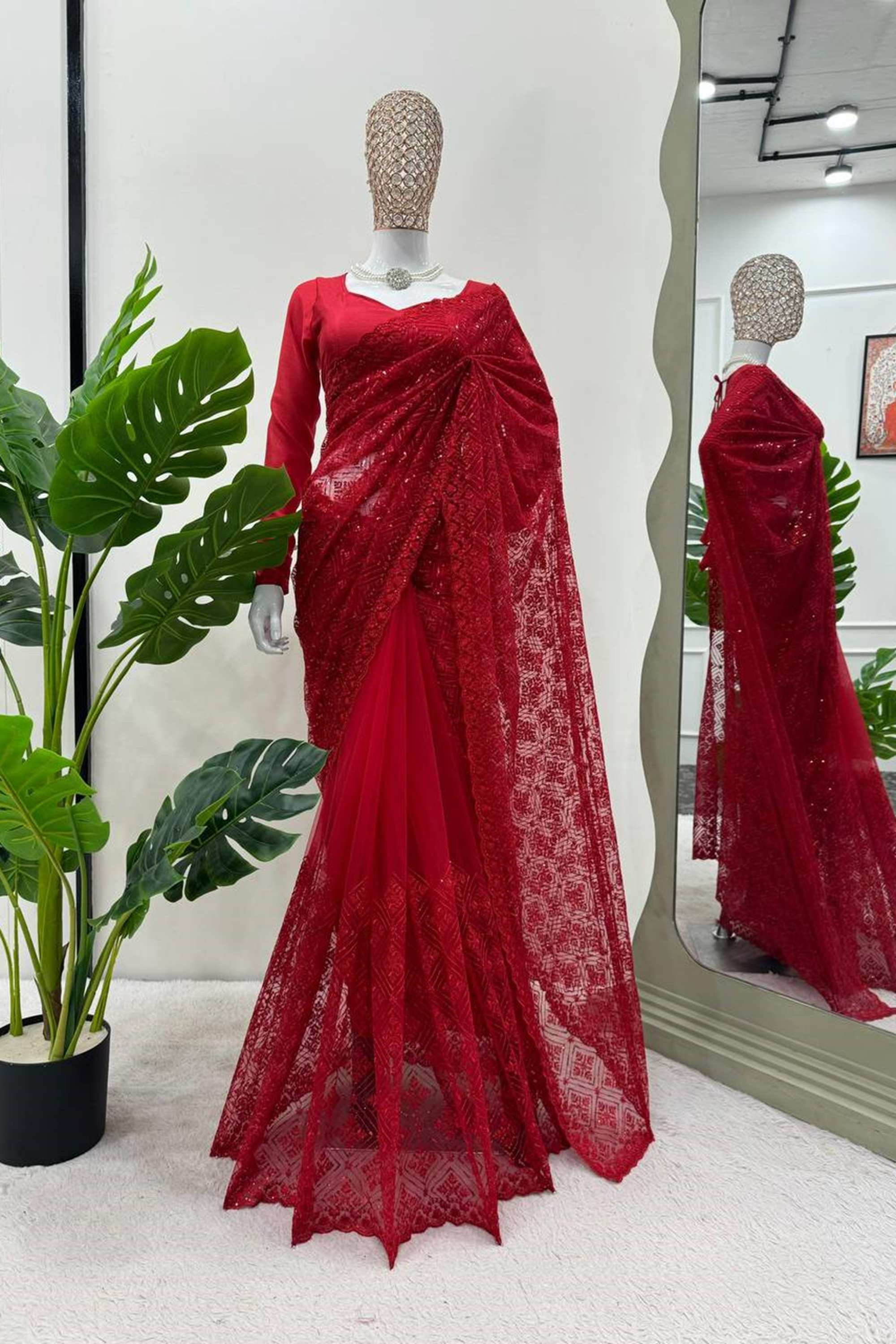 Red Color Thread & Sequence Work Soft Net Fabric Base Saree with Blouse