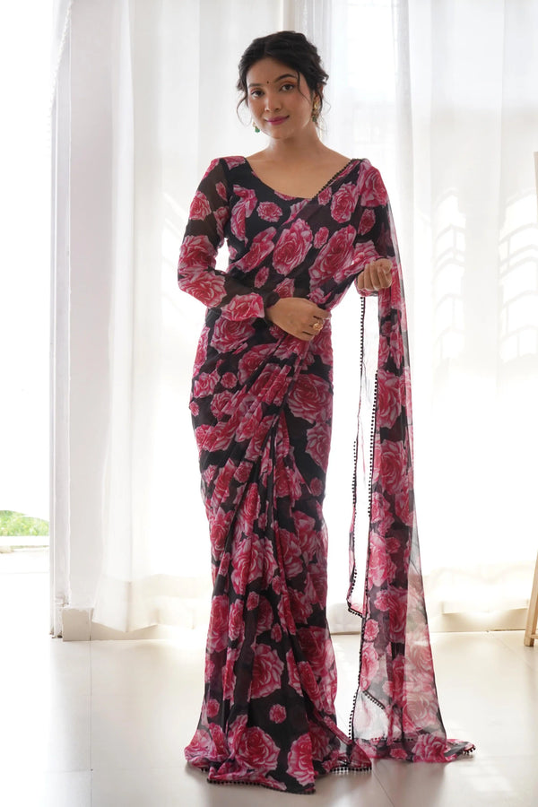 Elegant Black Chiffon Saree with Pink Flower Print and Full Sleeves Stitched Blouse