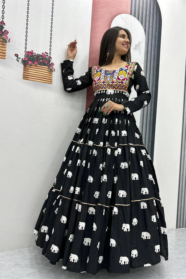 Black Cotton Embroidered Gamathi Work Gown