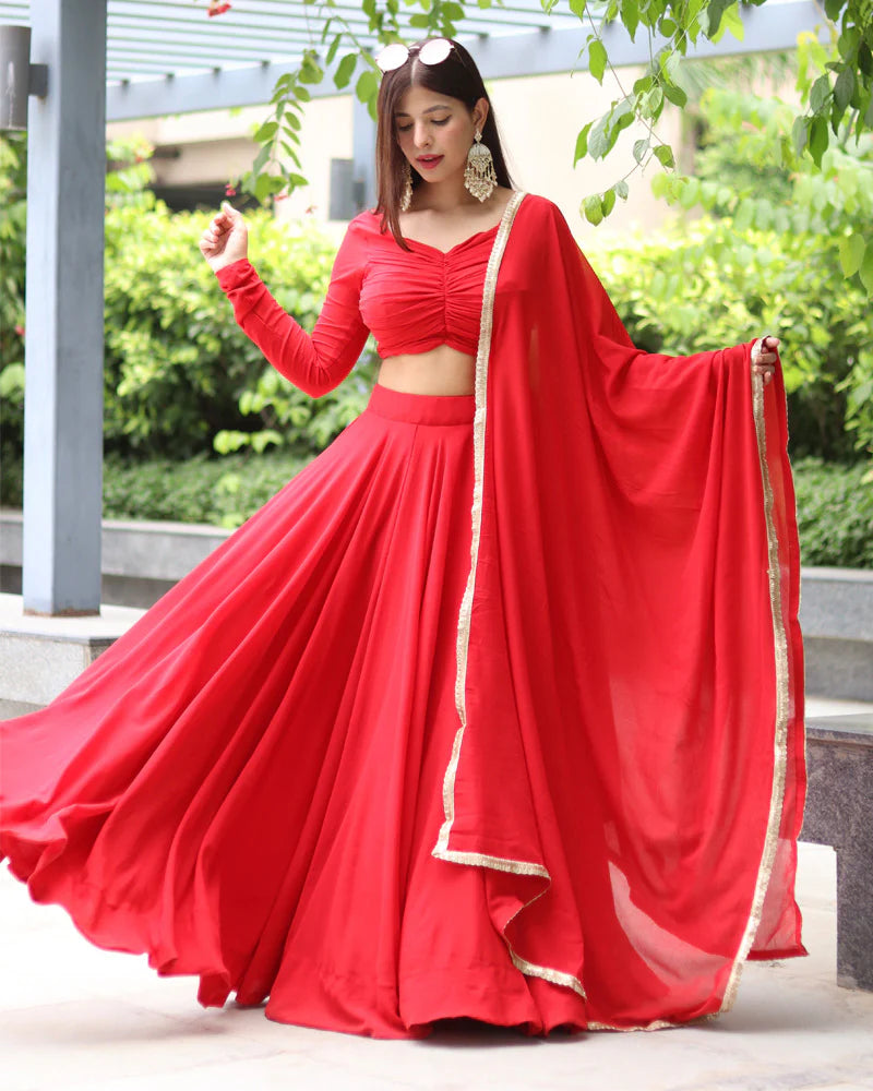 Elegant Red Pure Soft Georgette Full Stitched Lehenga Choli