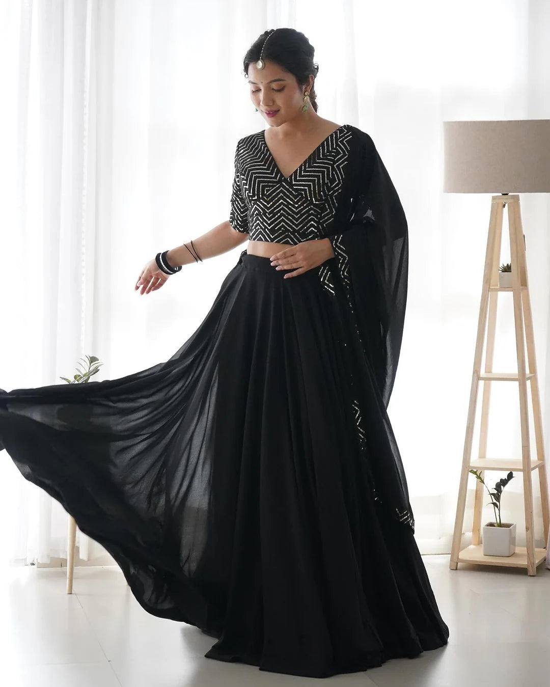 Black Full Flairy Pure Soft Georgette Full Stitched Lehenga Choli