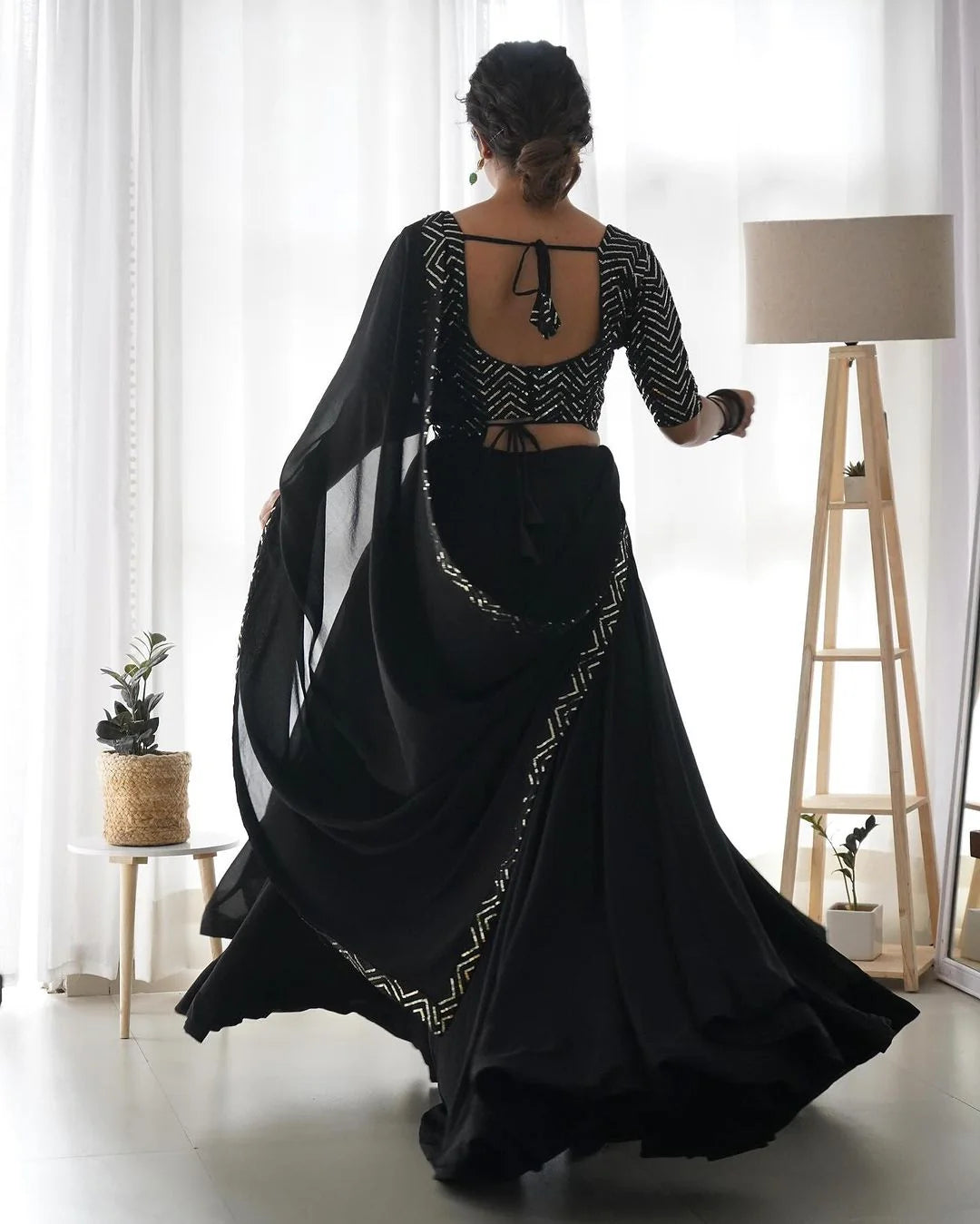 Black Full Flairy Pure Soft Georgette Full Stitched Lehenga Choli