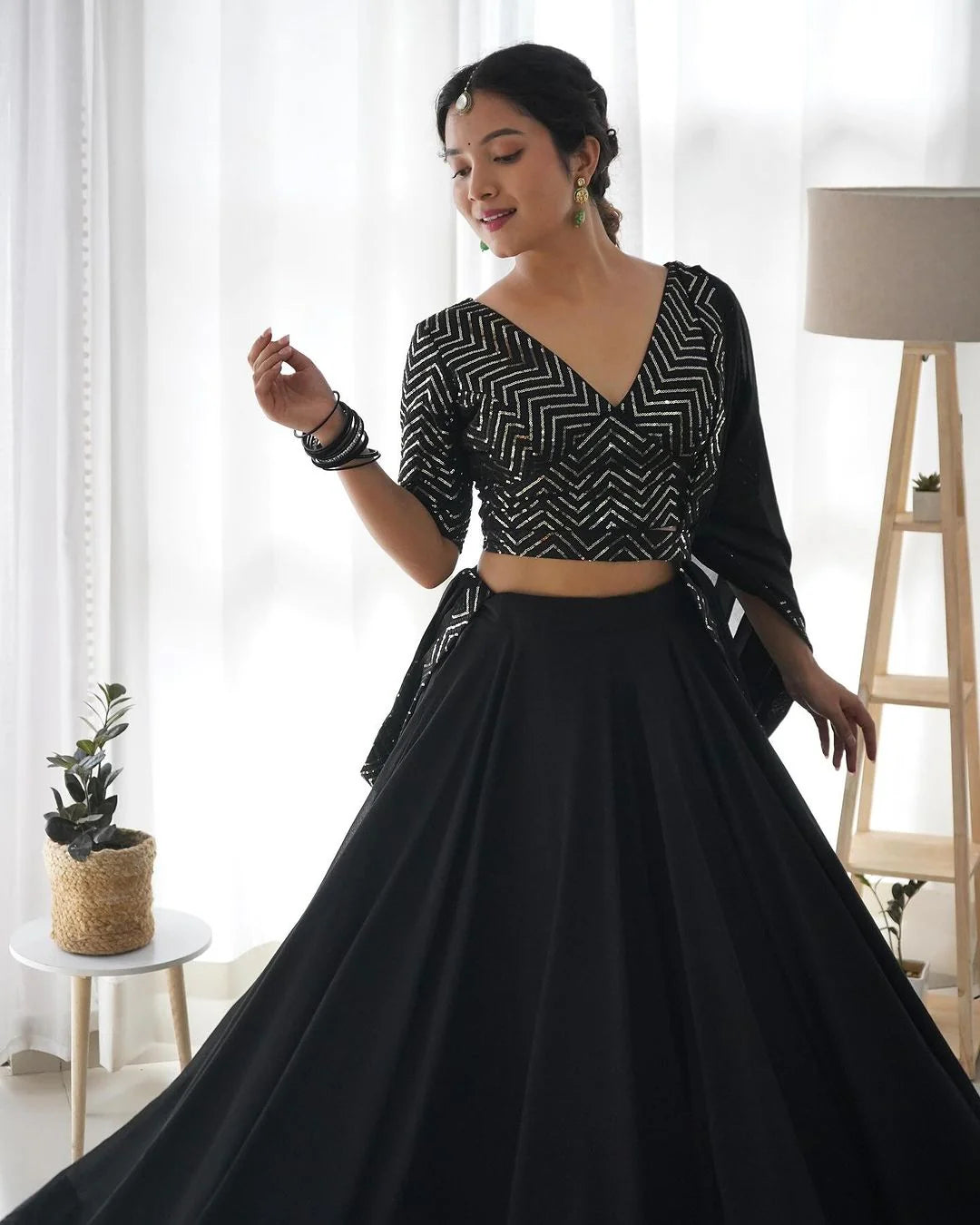 Black Full Flairy Pure Soft Georgette Full Stitched Lehenga Choli