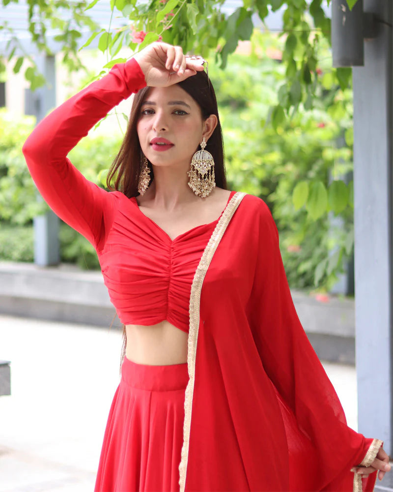 Elegant Red Pure Soft Georgette Full Stitched Lehenga Choli