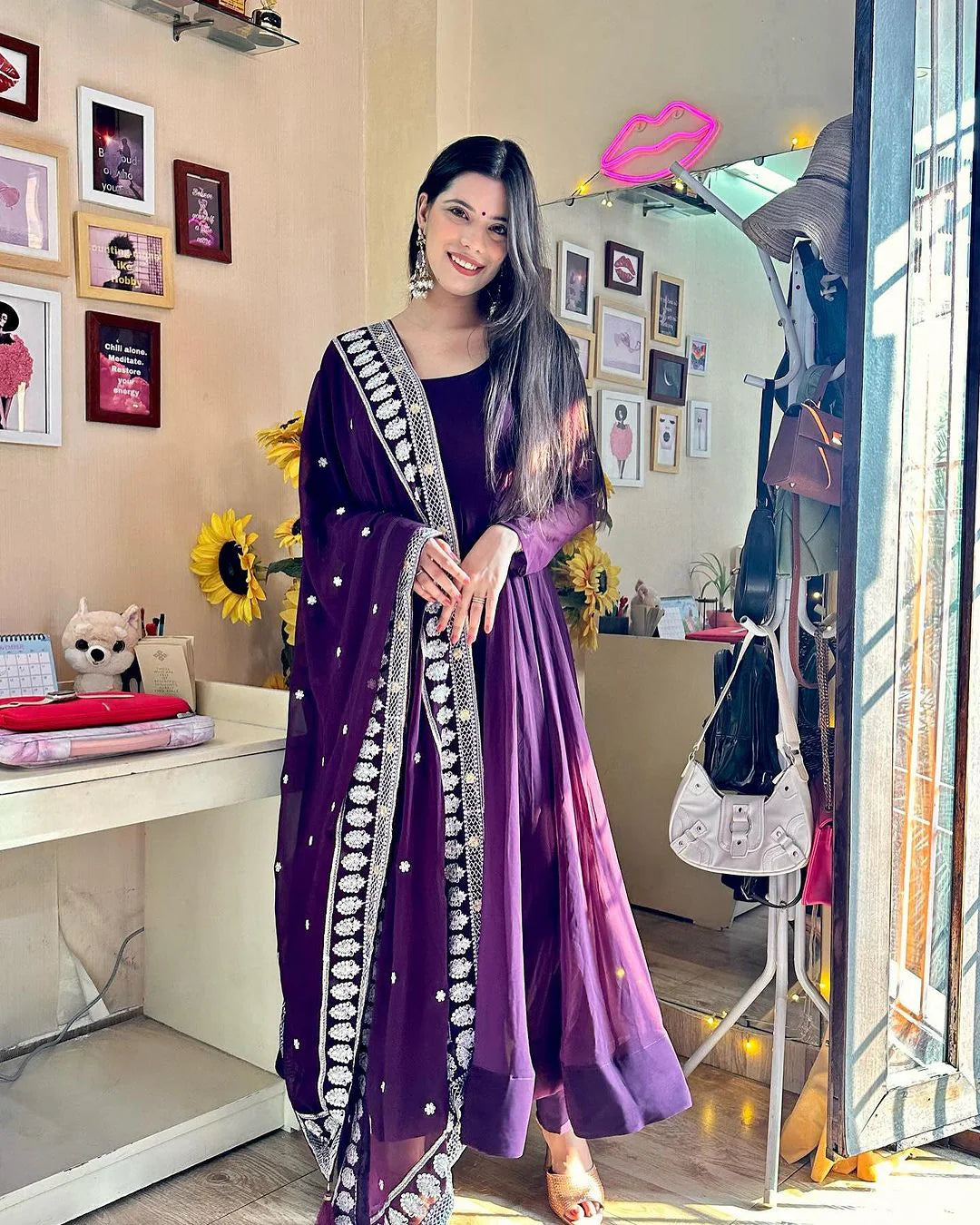 Mili Lakhmani in Wine Purple Colour Anarkali Three Piece Suit