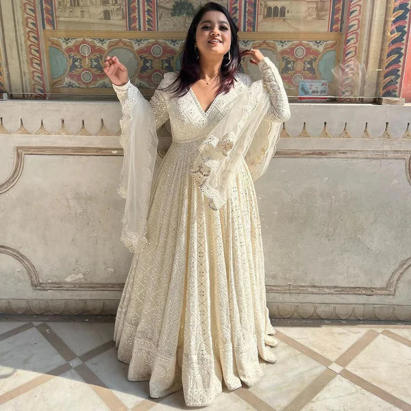 WHITE COLOR CHIKANKARI ANARKALI GOWN WITH EMBROIDERY WORK AND DUPATTA