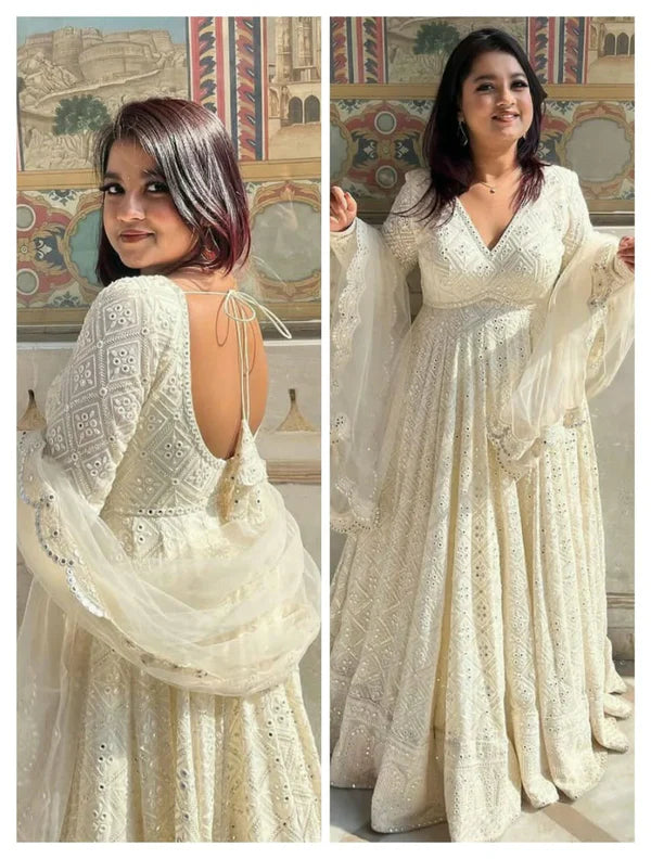 WHITE COLOR CHIKANKARI ANARKALI GOWN WITH EMBROIDERY WORK AND DUPATTA