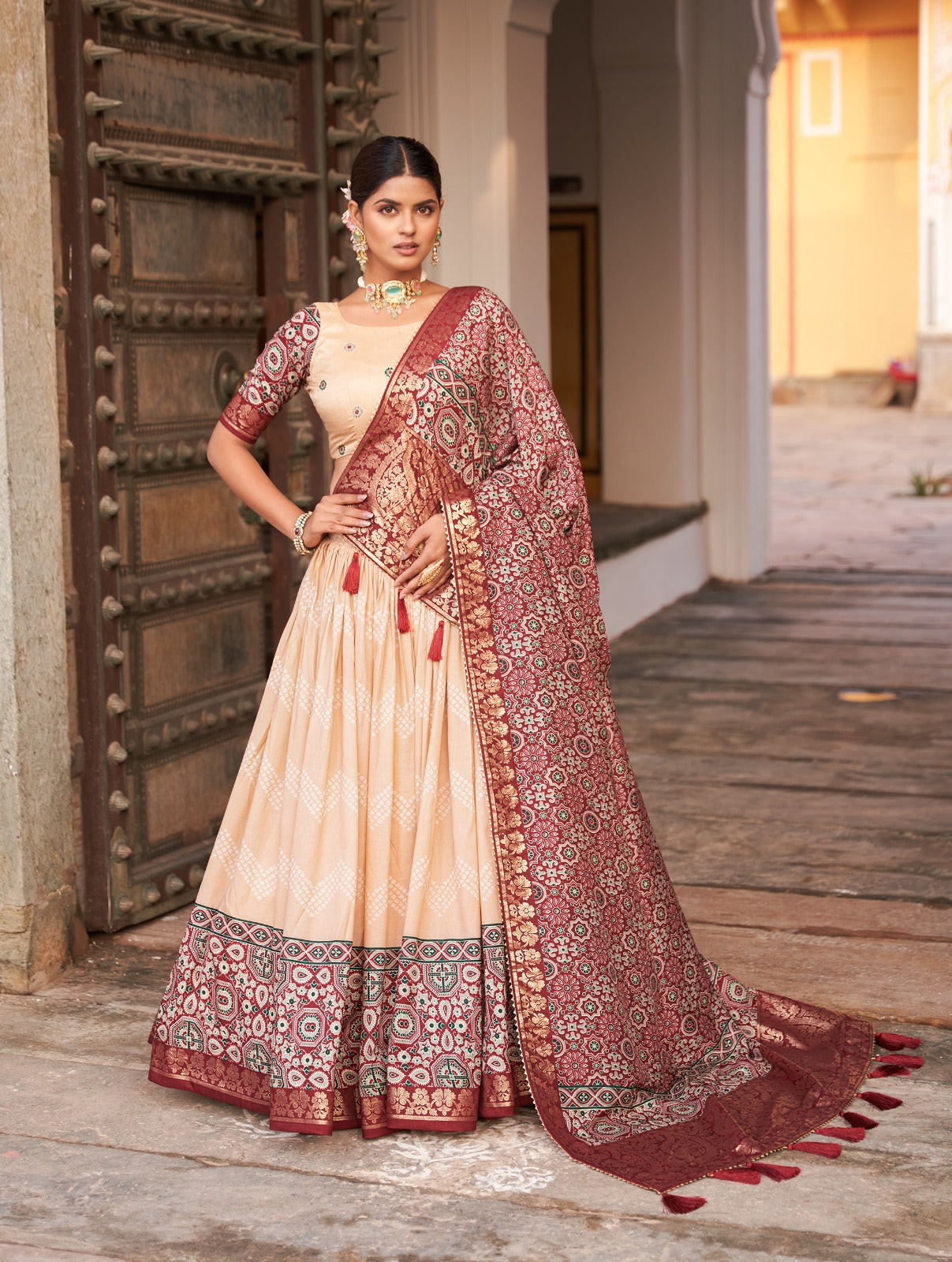 Tusser silk adorned with Ajarakh prints Cream lehenga choli