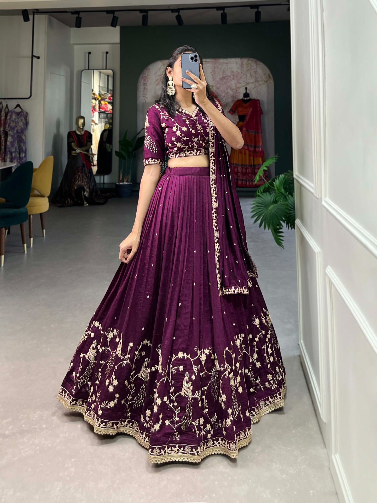 Wine-colored Vichitra Silk Lehenga Choli