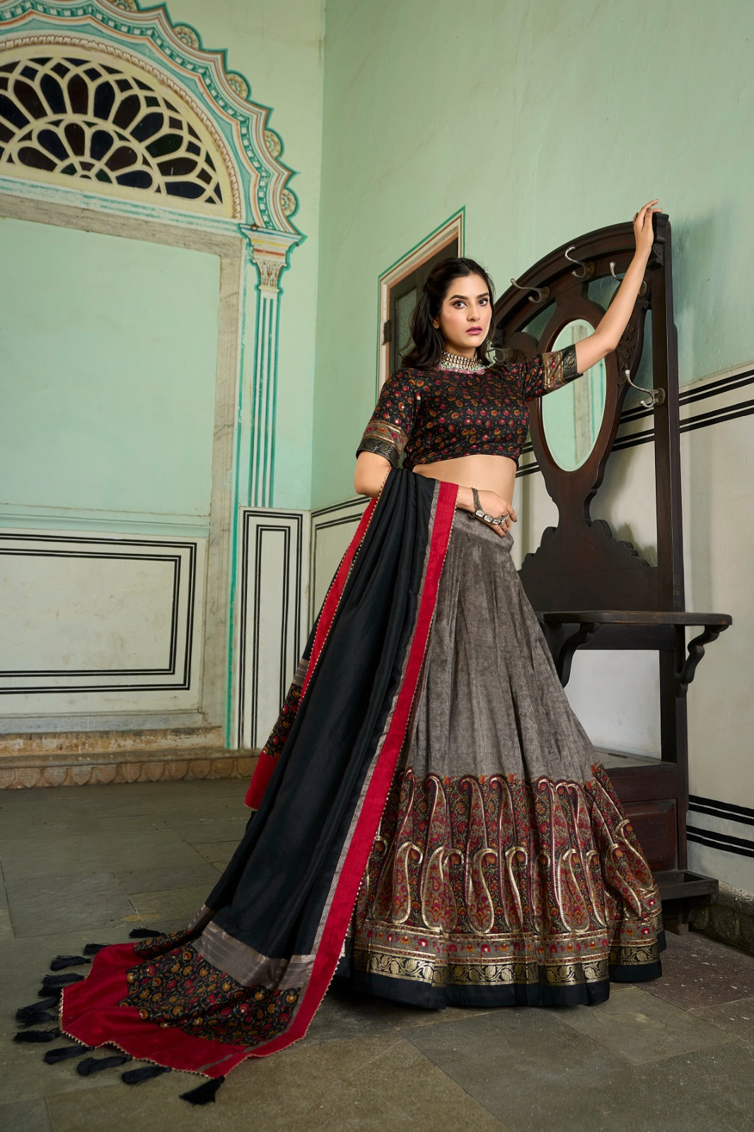 Tussar silk Kashmiri print Grey Colour Lehenga Choli