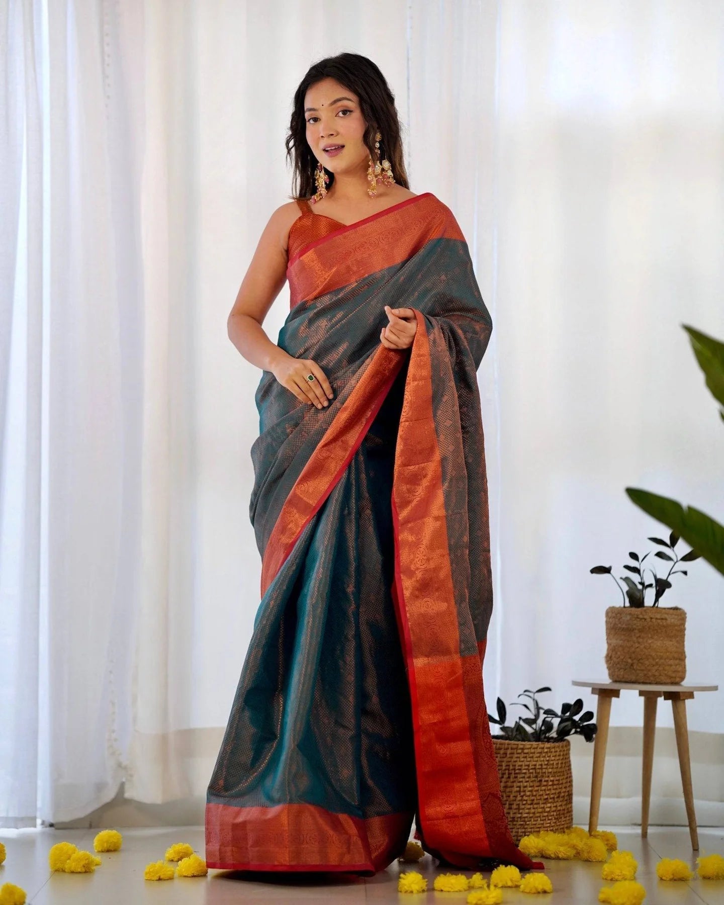 Pure Banarasi Silk Saree Weaved With Copper Zari