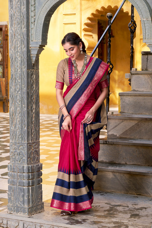 Pink Soft cotton Saree With Royal Zari Border