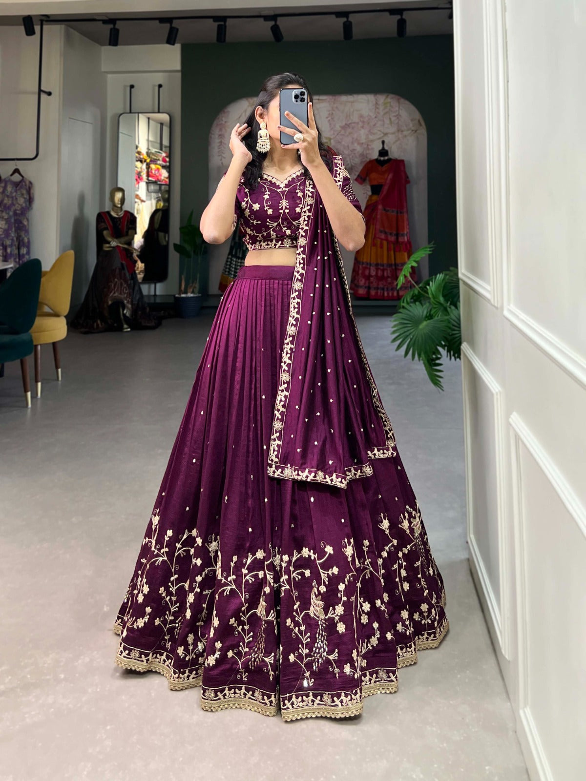 Wine-colored Vichitra Silk Lehenga Choli