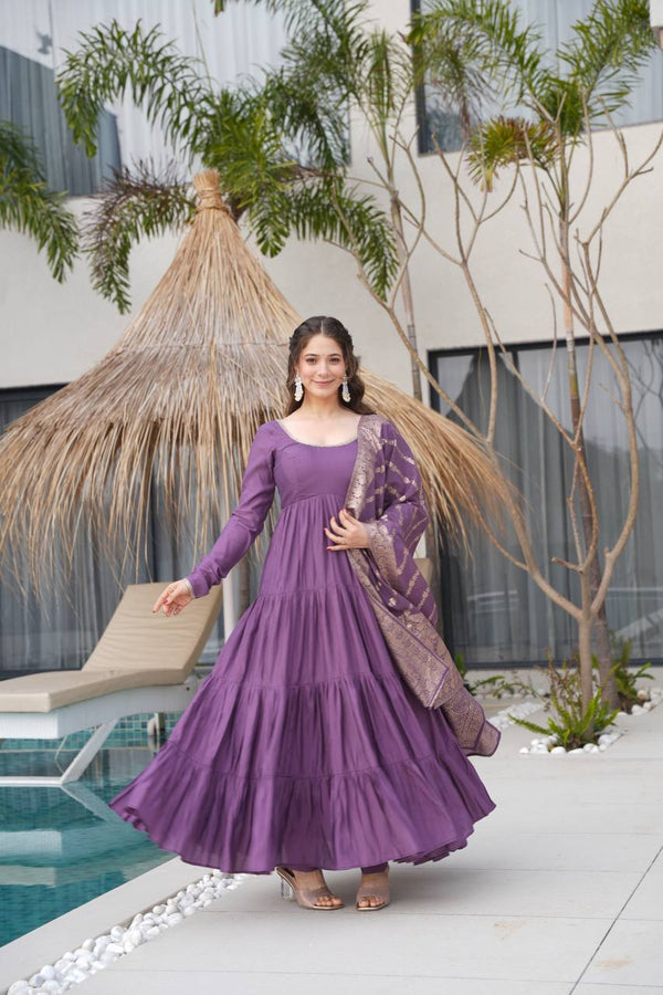 Dusty Purple Color Pure Chanderi Silk Frill Style Anarkali Suit