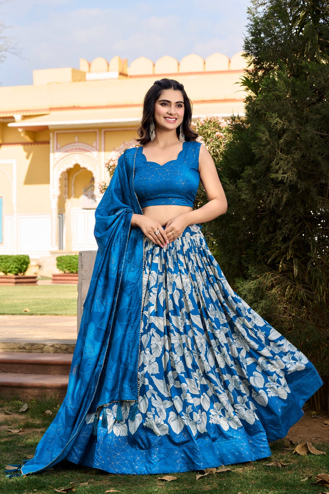 Tussar Silk Printed Lehenga Choli Blue Colour with Duppta