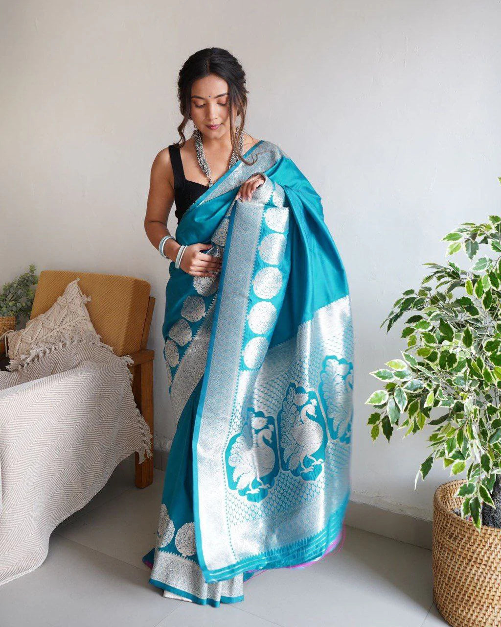 Beautiful Sky Blue Jacquard Silk Saree