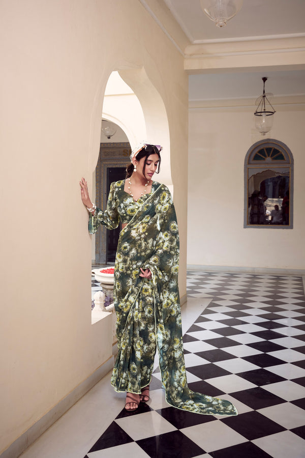 Mehndi Color Weightless Marble Printed Saree