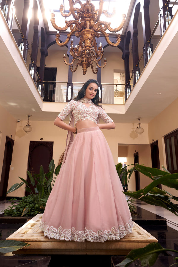 Peach Pink Color Weone Silk Embroidered Lehenga Choli