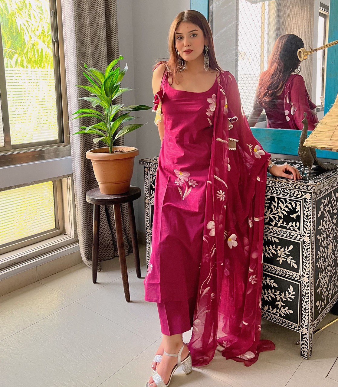 Floral Handpainted georgette kurta with tassels