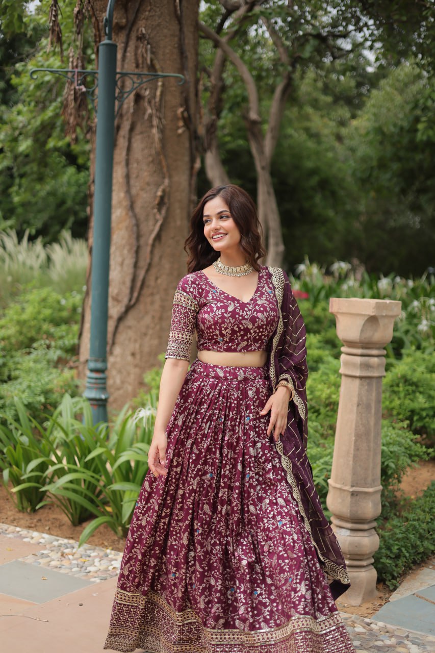 Wine Pure Dyable Viscose Jacquard lehenga Choli