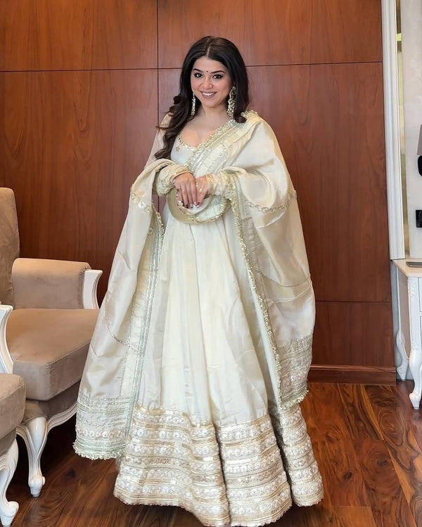 MOST TRENDING OFF WHITE COLOR EMBROIDERY SEQUENCE WORK ANARKALI SUIT