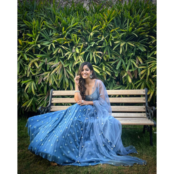 Delightful Dark sky Blue With Hook Beads Work Lehenga Choli