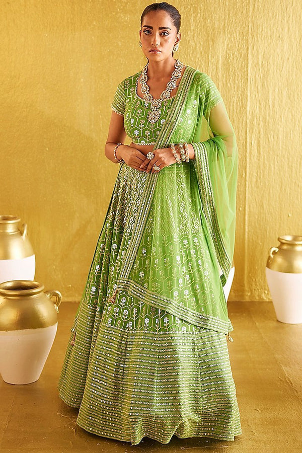 Designer Green Paper Mirror Zari Embroidery Lehenga Choli