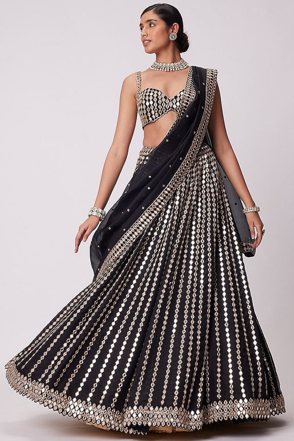 Designer Black Paper Mirror Zari Embroidery Lehenga Choli