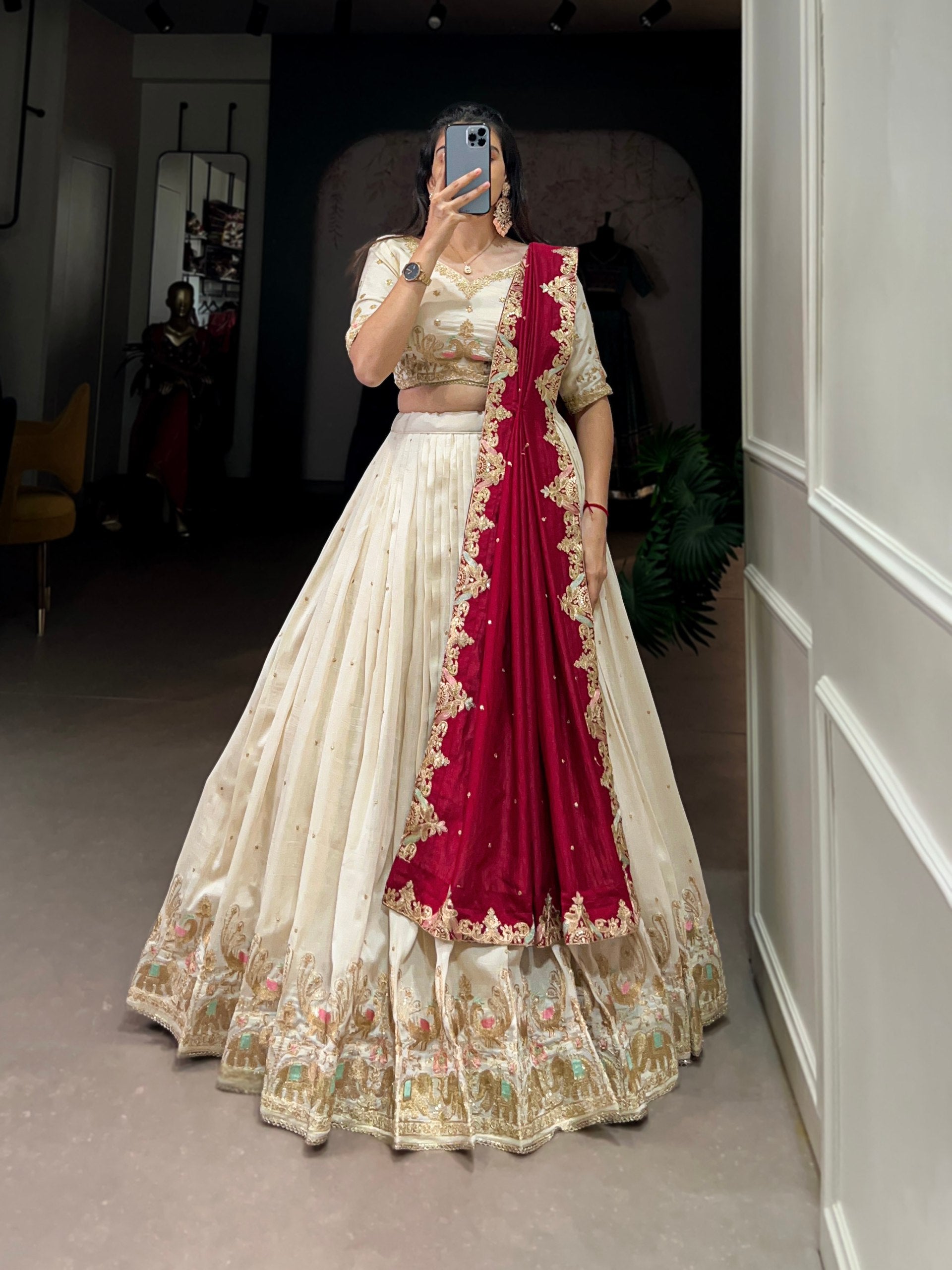 Off White Vichitra Silk Sequins and Thread Embroidery Work  Lehenga