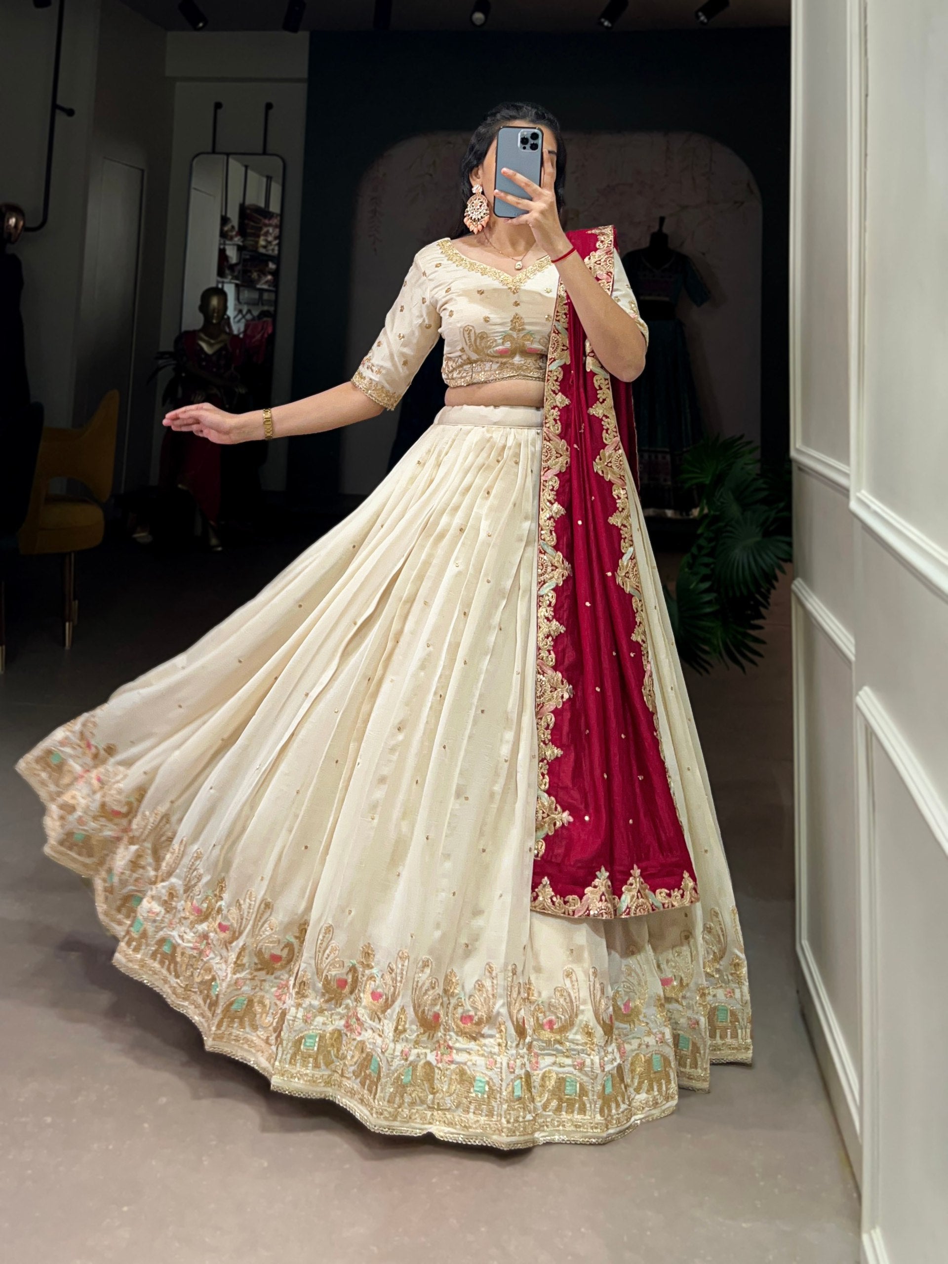 Off White Vichitra Silk Sequins and Thread Embroidery Work  Lehenga