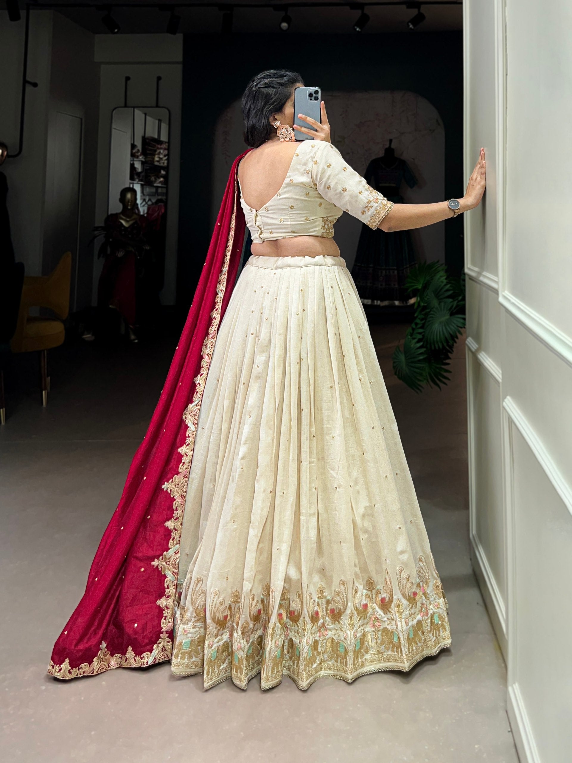 Off White Vichitra Silk Sequins and Thread Embroidery Work  Lehenga