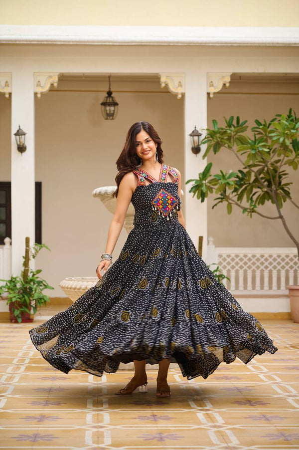 Black Color Georgette Bandhni Print Navratri Gown