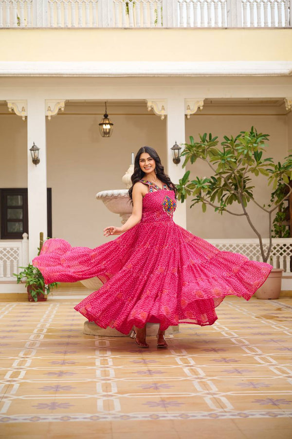 Pink Color Georgette Bandhni Print Navratri Gown
