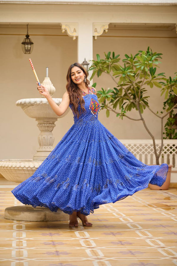 Blue Color Georgette  Bandhni Print Navratri Gown