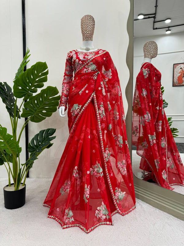 Red beautiful Saree on Havy Georgette Febric with Thred & Sequnce work With Digital Print