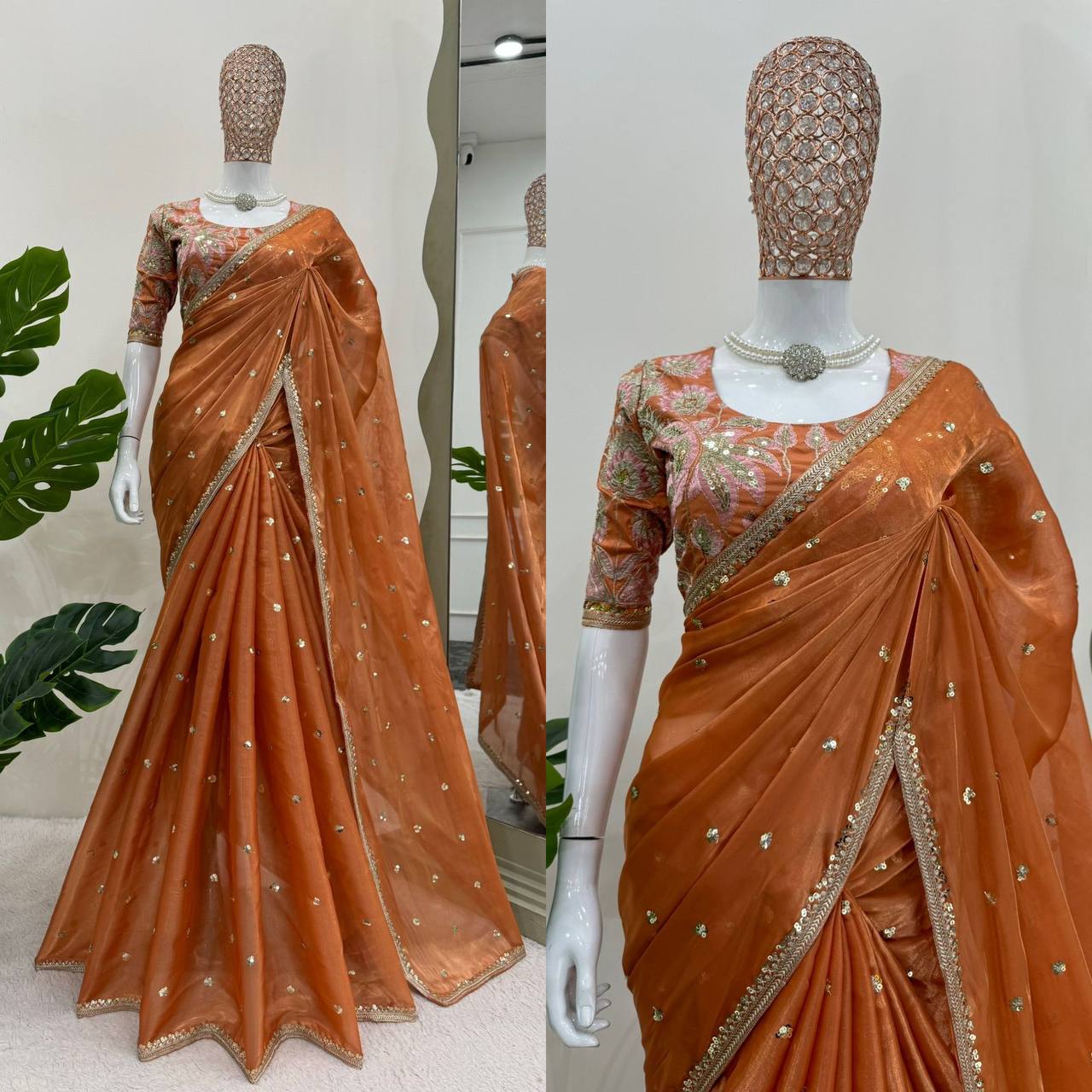 Orange Jimmy Choo Organza Fabric Saree