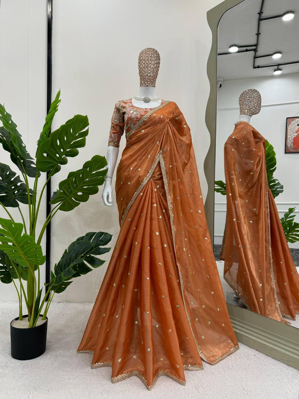 Orange Jimmy Choo Organza Fabric Saree