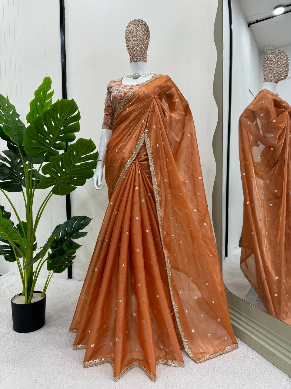 Orange Jimmy Choo Organza Fabric Saree