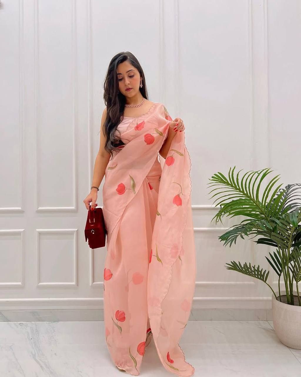 Baby Pink Soft tabby silk Print and Hand Work saree