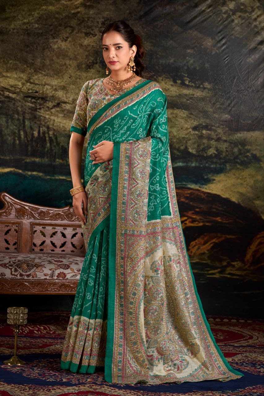 Green Color Silk Fusion Print Of Madhubani And Bandhej Saree