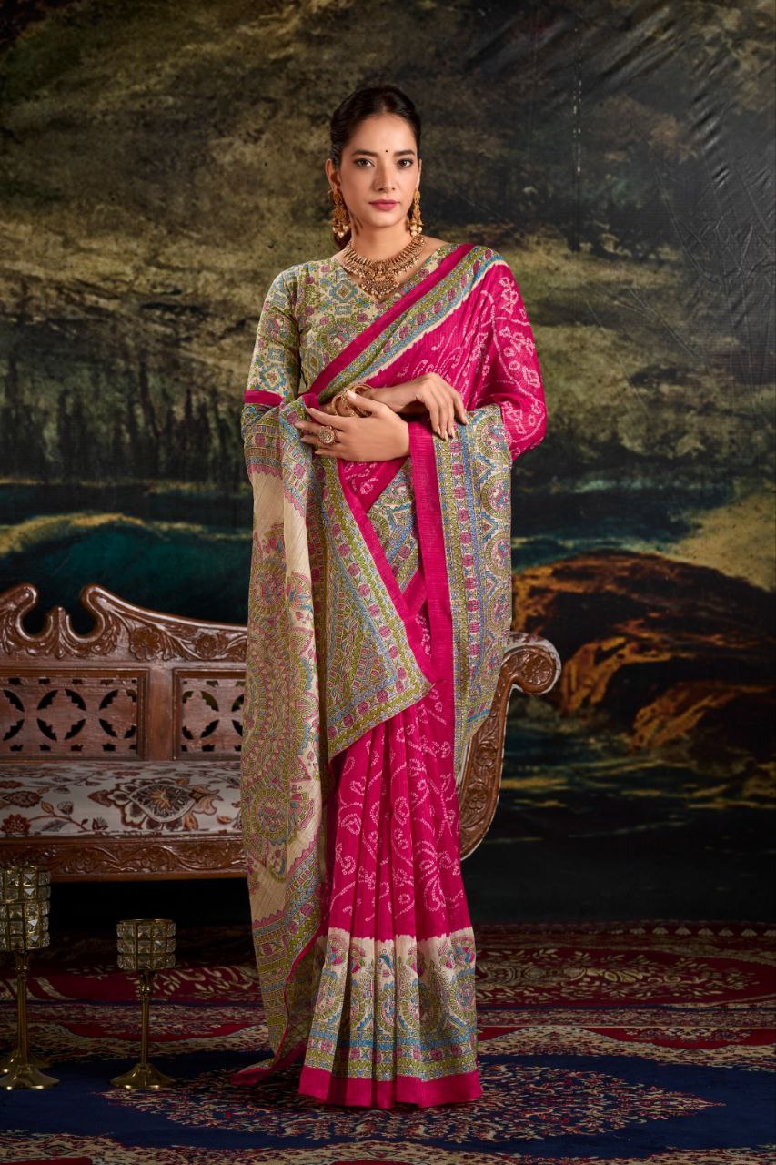 Pink Color Silk Fusion Print Of Madhubani And Bandhej Saree