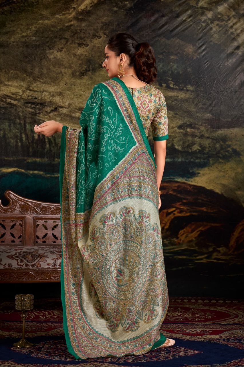 Green Color Silk Fusion Print Of Madhubani And Bandhej Saree