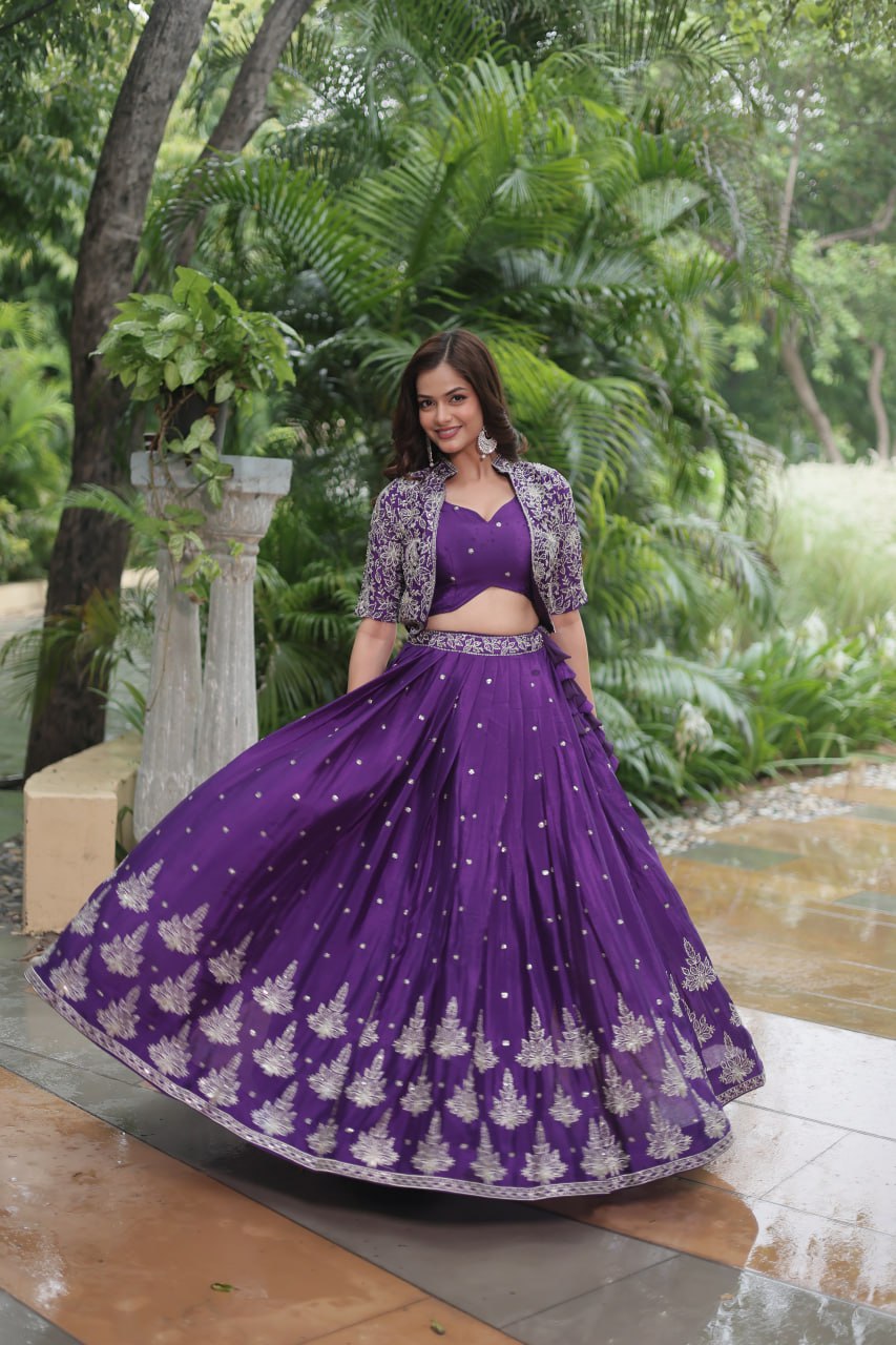 Purple Pure Chinnon Embroidered Sequins Work co-ord set