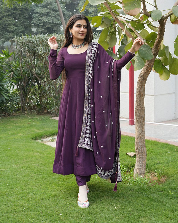 Wine Purple Color Three Piece Soft Georgette Anarkali Suit
