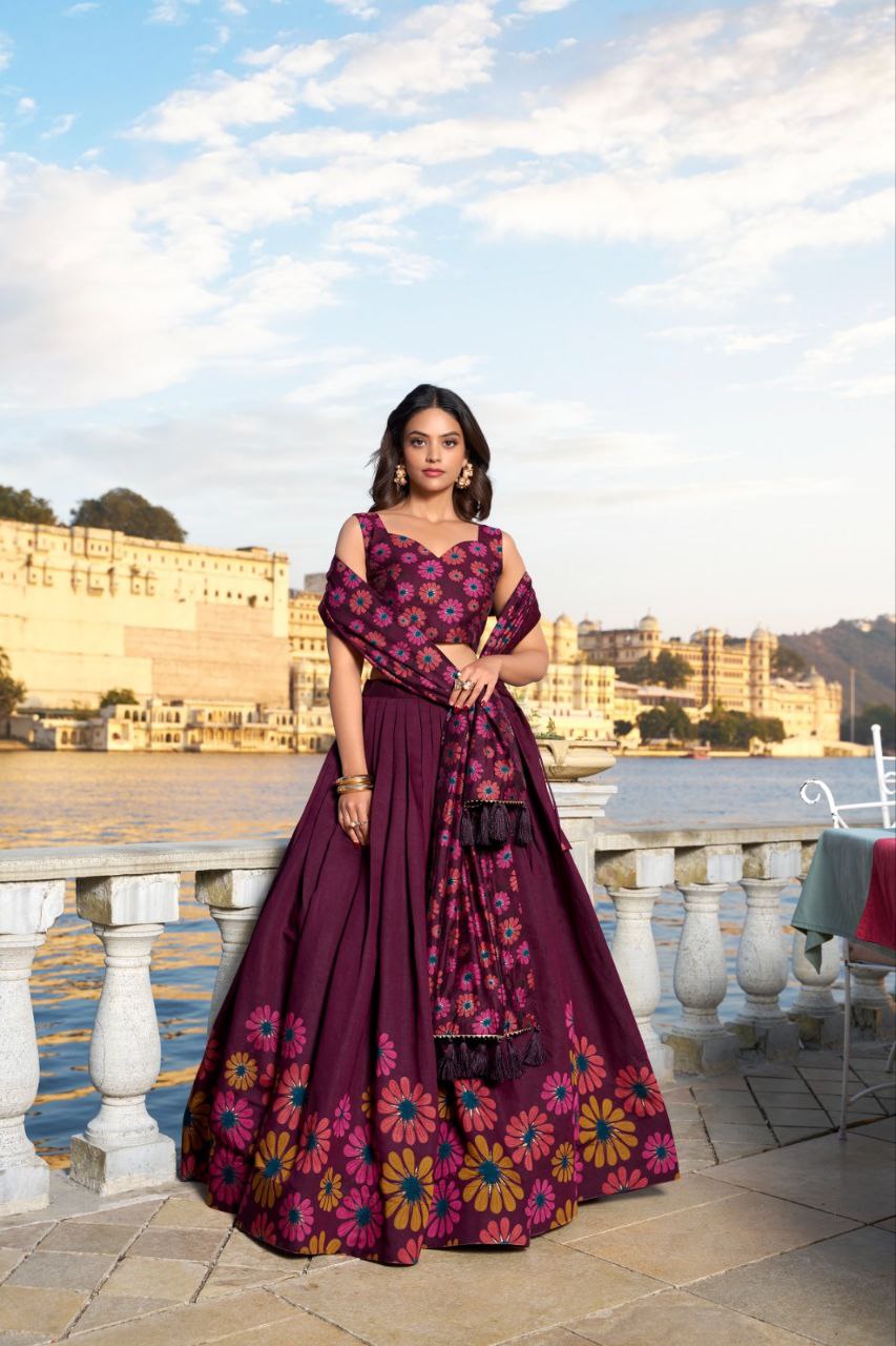 Tusser silk Floral Print With Foil Work Wine lehenga choli