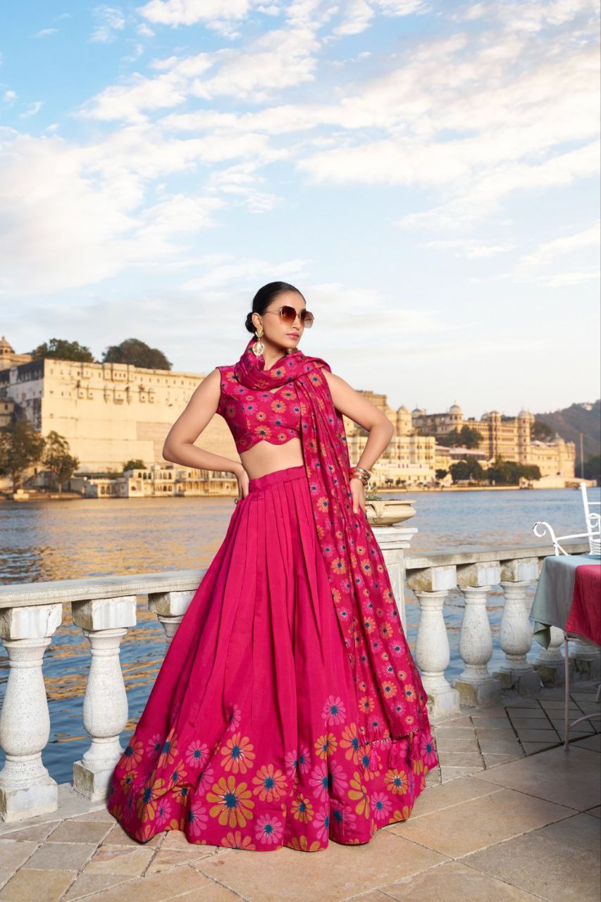 Tusser silk Floral Print With Foil Work Pink lehenga choli