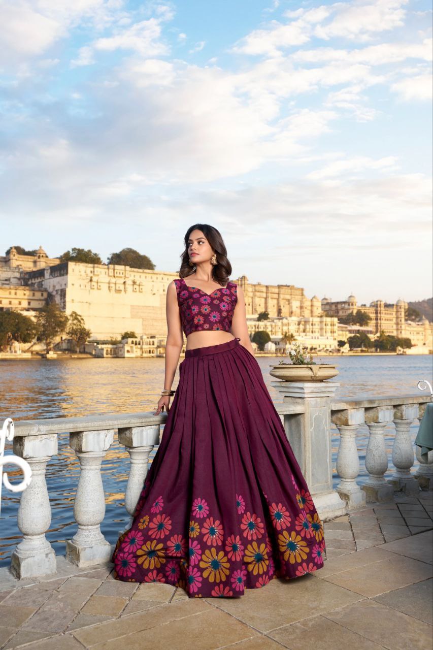 Tusser silk Floral Print With Foil Work Wine lehenga choli