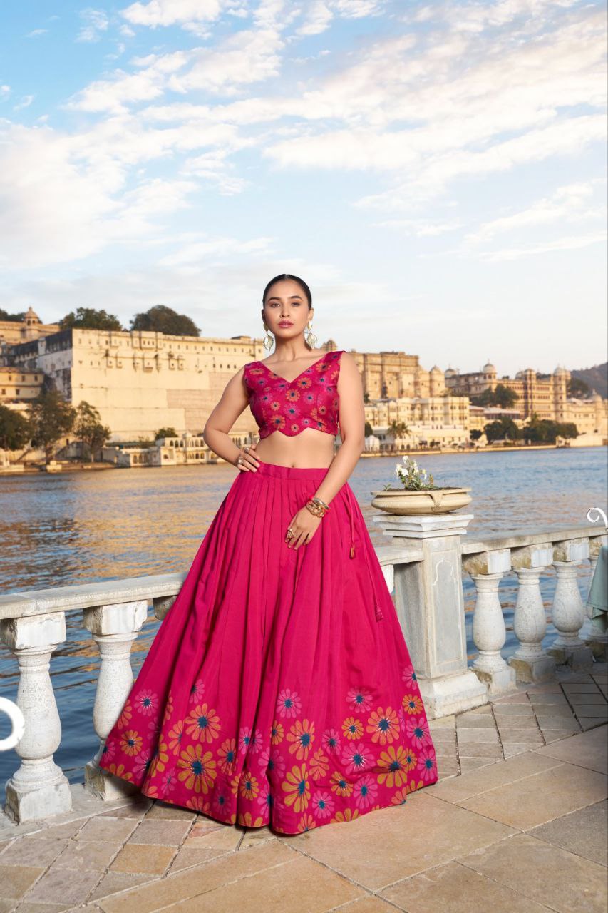 Tusser silk Floral Print With Foil Work Pink lehenga choli