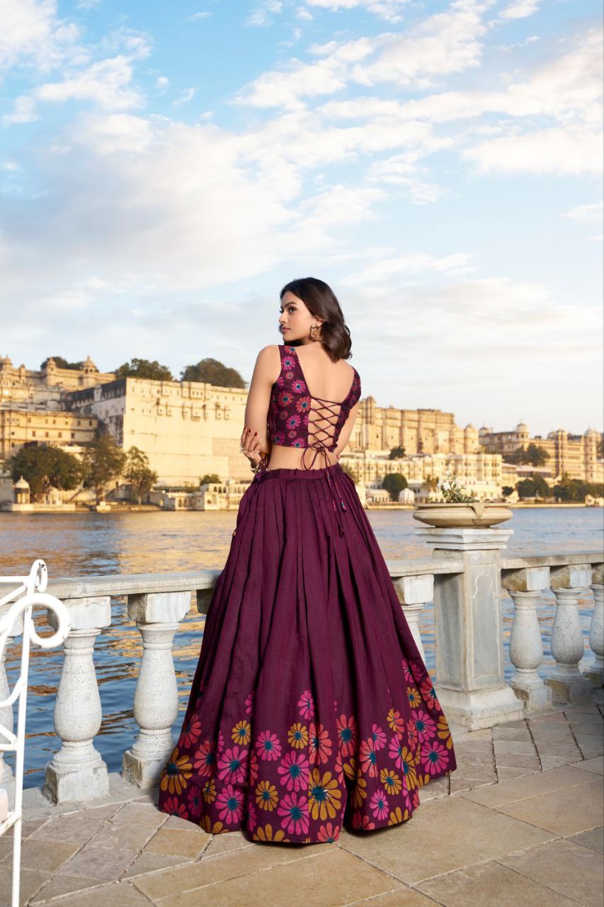 Tusser silk Floral Print With Foil Work Wine lehenga choli